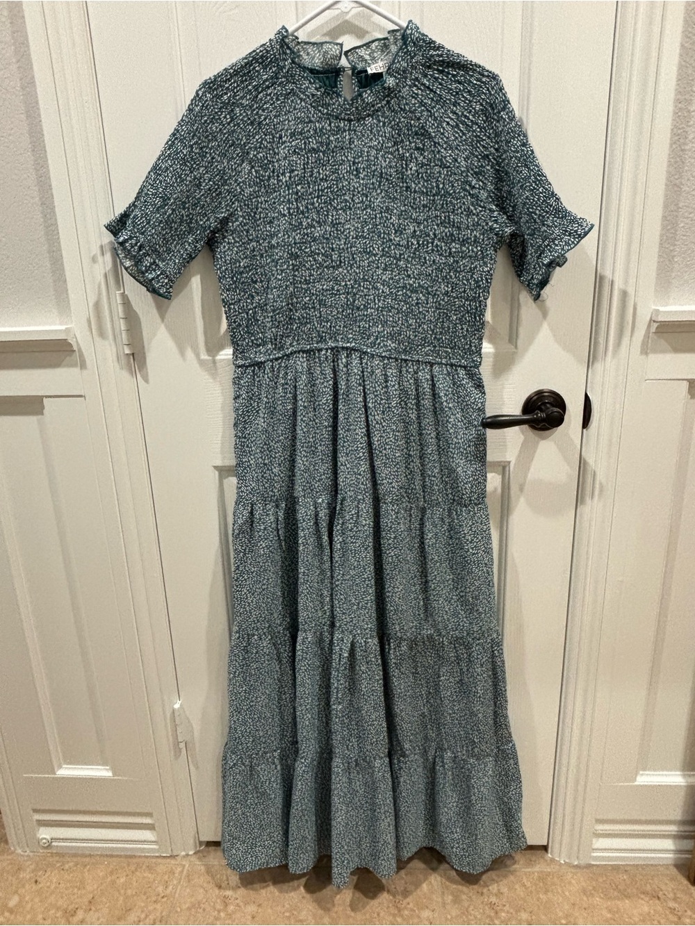 Smocked Bodice Short Sleeve Maxi Dress in Teal Microprint